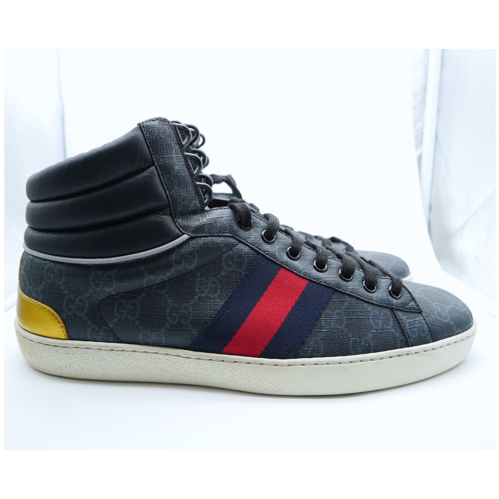 Gucci Ace High Top Sneakers GG Supreme Monogram Web Stripe  Charcoal 10.5 US